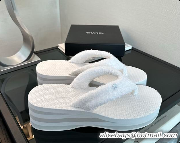 Stylish Chanel White Fabric Thongs Wedge Sandals 6080215