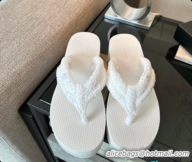 Stylish Chanel White Fabric Thongs Wedge Sandals 6080215