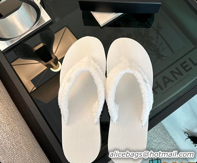 Stylish Chanel White Fabric Thongs Wedge Sandals 6080215