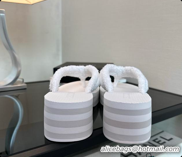 Stylish Chanel White Fabric Thongs Wedge Sandals 6080215