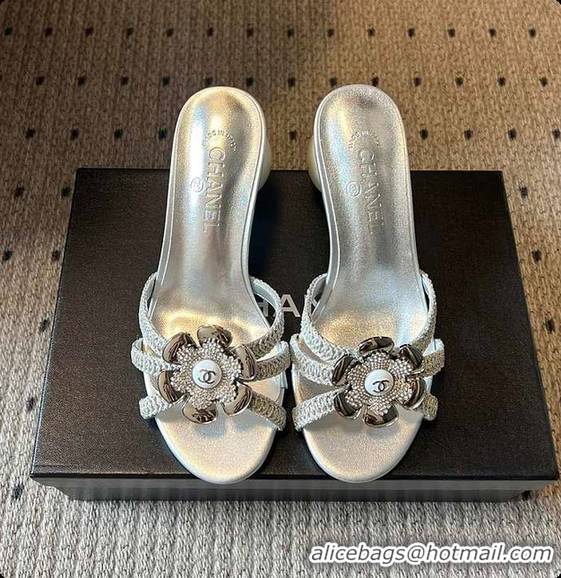 Good Looking Chanel Rhinestone Flower Pearl Sandals Silver 7cm 6080301