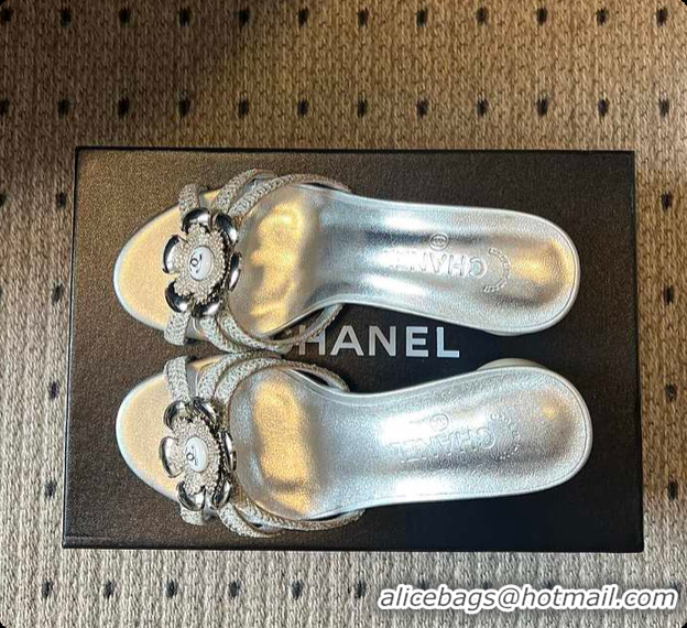 Good Looking Chanel Rhinestone Flower Pearl Sandals Silver 7cm 6080301