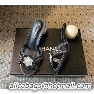 Big Discount Chanel Rhinestone Flower Pearl Sandals Black 7cm 6080301