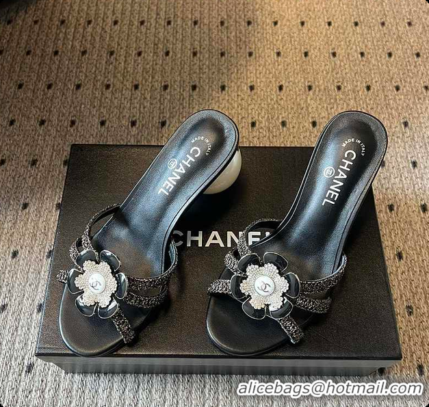 Big Discount Chanel Rhinestone Flower Pearl Sandals Black 7cm 6080301