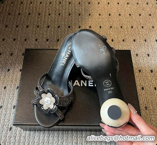 Big Discount Chanel Rhinestone Flower Pearl Sandals Black 7cm 6080301