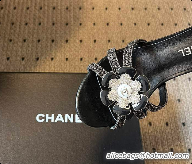Big Discount Chanel Rhinestone Flower Pearl Sandals Black 7cm 6080301