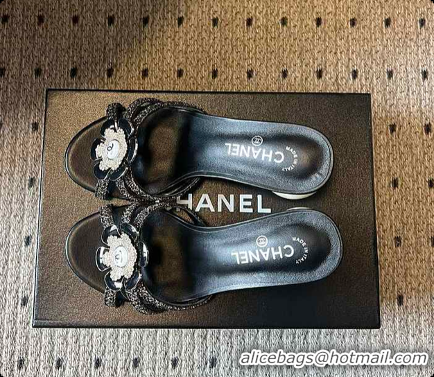 Big Discount Chanel Rhinestone Flower Pearl Sandals Black 7cm 6080301