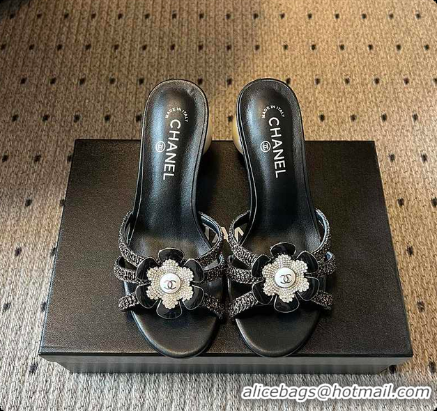 Big Discount Chanel Rhinestone Flower Pearl Sandals Black 7cm 6080301