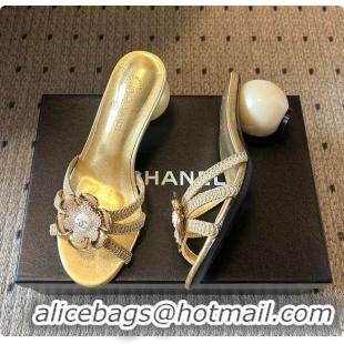 Stylish Chanel Rhinestone Flower Pearl Sandals Gold 7cm 6080301