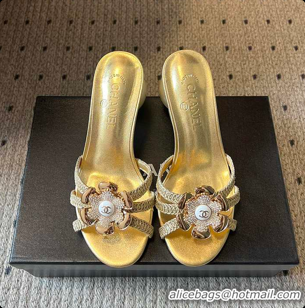 Stylish Chanel Rhinestone Flower Pearl Sandals Gold 7cm 6080301