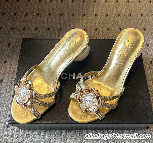 Stylish Chanel Rhinestone Flower Pearl Sandals Gold 7cm 6080301