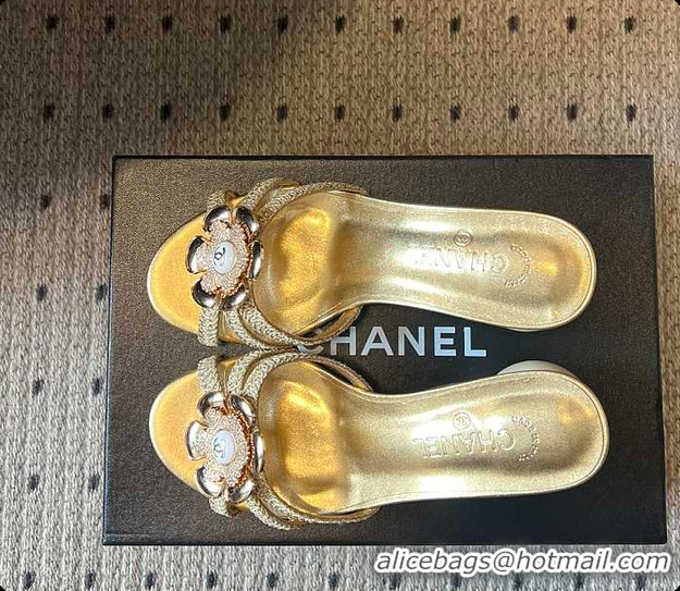 Stylish Chanel Rhinestone Flower Pearl Sandals Gold 7cm 6080301