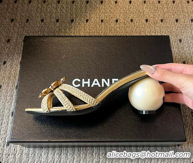 Stylish Chanel Rhinestone Flower Pearl Sandals Gold 7cm 6080301