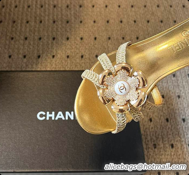 Stylish Chanel Rhinestone Flower Pearl Sandals Gold 7cm 6080301