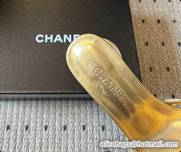 Stylish Chanel Rhinestone Flower Pearl Sandals Gold 7cm 6080301