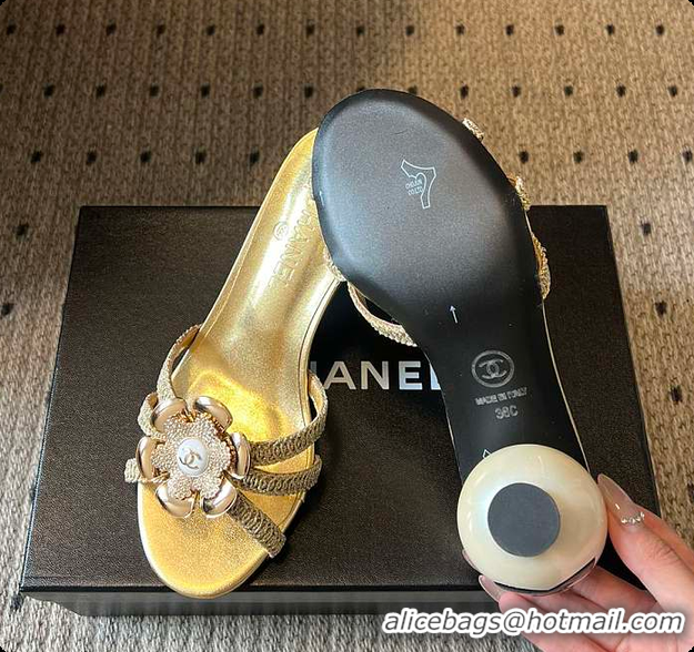 Stylish Chanel Rhinestone Flower Pearl Sandals Gold 7cm 6080301