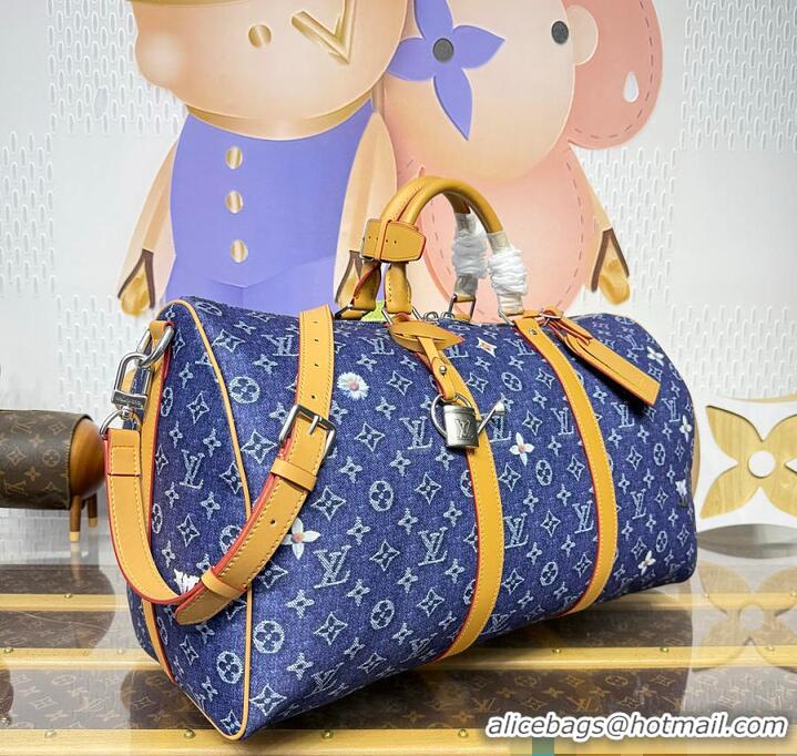 Famous Brand Louis Vuitton Keepall Bandoulière 50 Blue Monogram Denim Flowers M23774