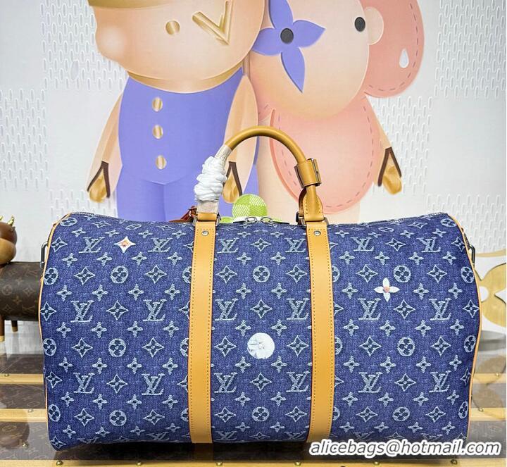 Famous Brand Louis Vuitton Keepall Bandoulière 50 Blue Monogram Denim Flowers M23774