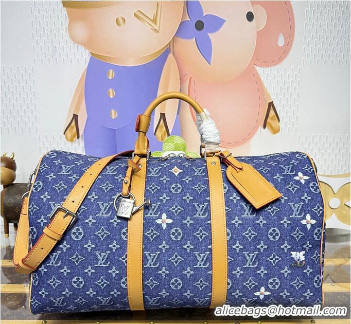 Famous Brand Louis Vuitton Keepall Bandoulière 50 Blue Monogram Denim Flowers M23774
