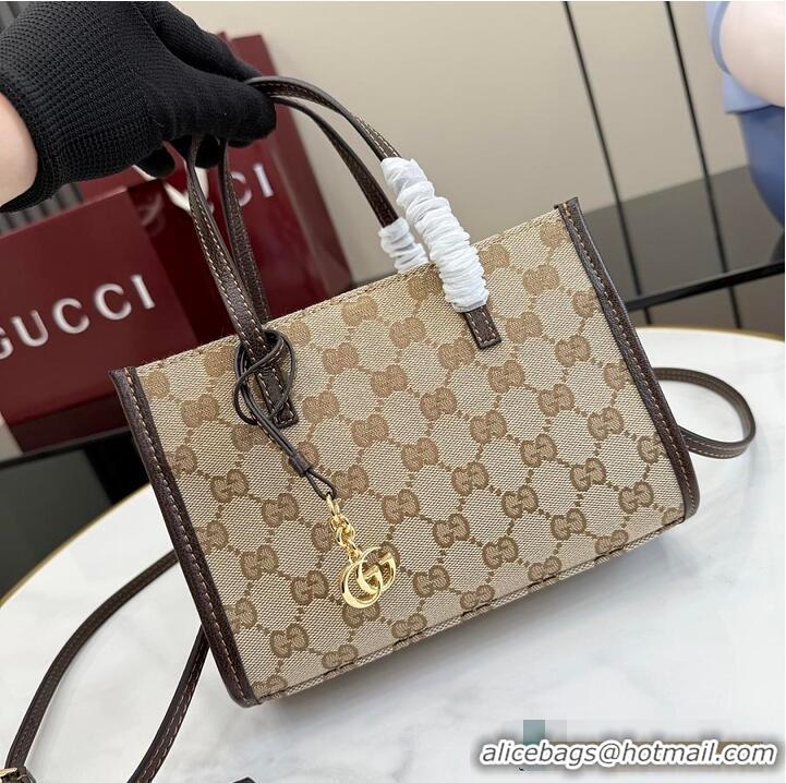 New Fashion Gucci Small tote bag with Double G charm Sand and dark brown GG canvas 753969