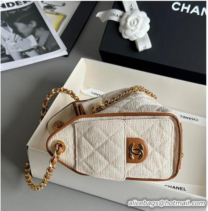Super Quality Chanel Mini Handbag Canvas/Calfskin & Gold-Tone Metal AS5631 Ecru/Camel