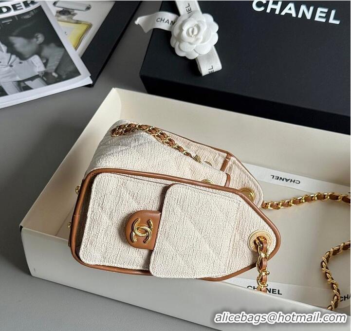 Super Quality Chanel Mini Handbag Canvas/Calfskin & Gold-Tone Metal AS5631 Ecru/Camel