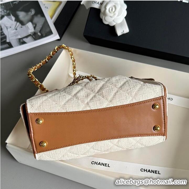 Super Quality Chanel Mini Handbag Canvas/Calfskin & Gold-Tone Metal AS5631 Ecru/Camel