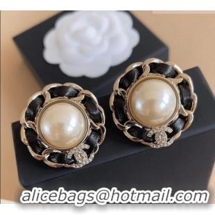 Top Grade Chanel Round Studs Earrings Leather 0109 Black 2026