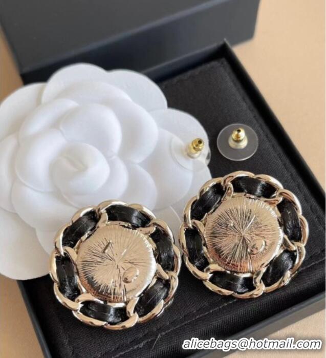 Top Grade Chanel Round Studs Earrings Leather 0109 Black 2026