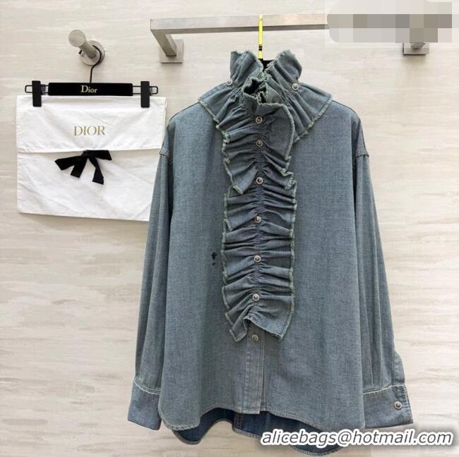 Buy Discount Dior Denim Shirt with Ruffled Neck DR032525 Blue 2026