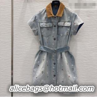 Good Quality Dior Embroidered Cotton Washed Denim Dress DR032407 Blue 2026