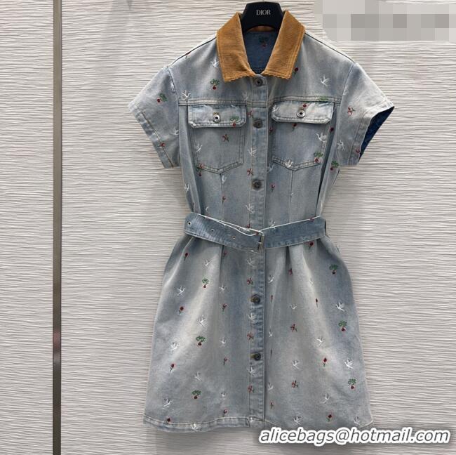 Good Quality Dior Embroidered Cotton Washed Denim Dress DR032407 Blue 2026