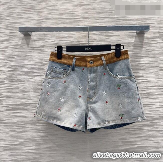 Reasonable Price Dior Embroidered Cotton Washed Denim Shorts DR032407 Blue 2026