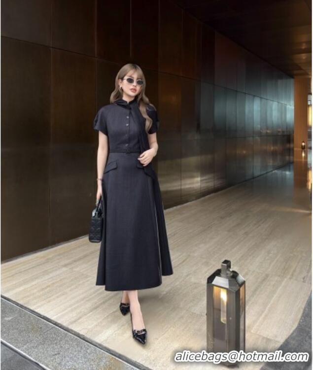 Luxury Classic Dior Dress with Ascot-Effect Tied Collar D041408 Black 2026