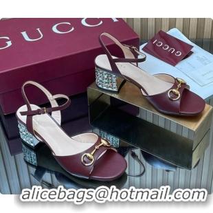 Charming Gucci Lambskin Leather Heel Sandals 5.5cm with Horsebit and Strass Burgundy 2026 812292