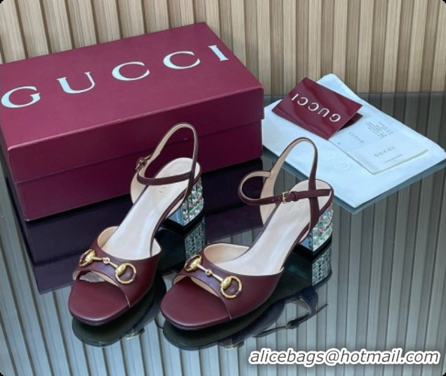 Charming Gucci Lambskin Leather Heel Sandals 5.5cm with Horsebit and Strass Burgundy 2026 812292