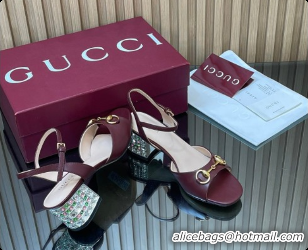 Charming Gucci Lambskin Leather Heel Sandals 5.5cm with Horsebit and Strass Burgundy 2026 812292