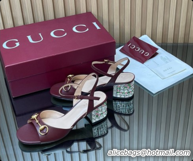 Charming Gucci Lambskin Leather Heel Sandals 5.5cm with Horsebit and Strass Burgundy 2026 812292