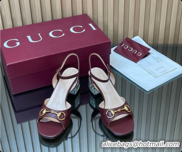 Charming Gucci Lambskin Leather Heel Sandals 5.5cm with Horsebit and Strass Burgundy 2026 812292