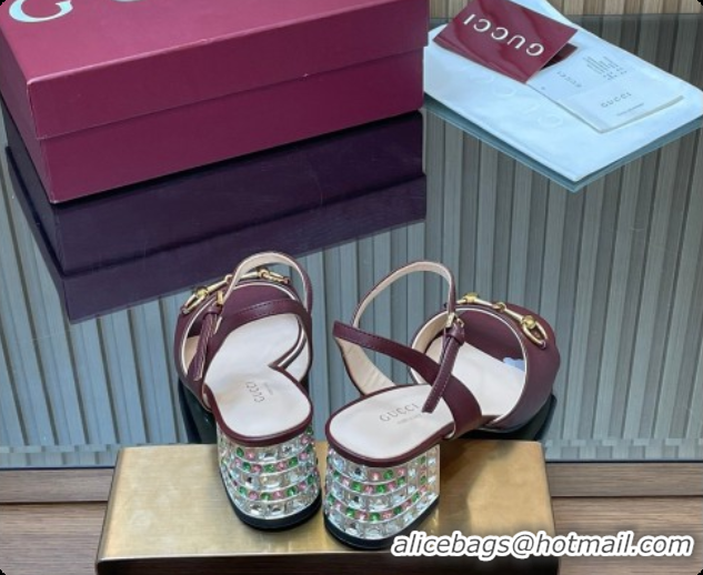 Charming Gucci Lambskin Leather Heel Sandals 5.5cm with Horsebit and Strass Burgundy 2026 812292