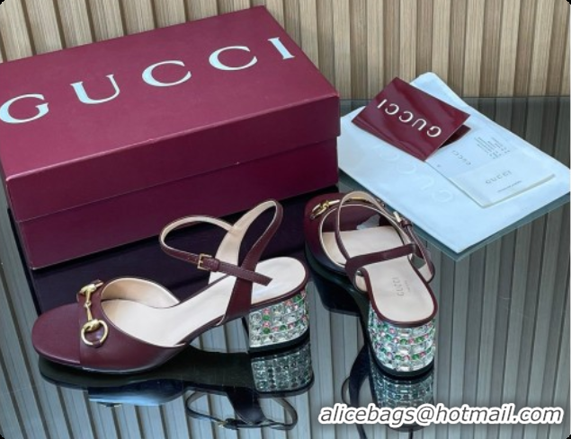 Charming Gucci Lambskin Leather Heel Sandals 5.5cm with Horsebit and Strass Burgundy 2026 812292