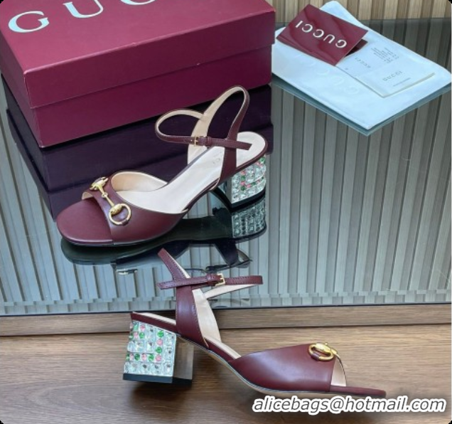 Charming Gucci Lambskin Leather Heel Sandals 5.5cm with Horsebit and Strass Burgundy 2026 812292