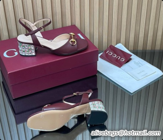 Charming Gucci Lambskin Leather Heel Sandals 5.5cm with Horsebit and Strass Burgundy 2026 812292