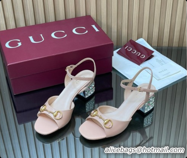 Trendy Design Gucci Lambskin Leather Heel Sandals 5.5cm with Horsebit and Strass Pink 2026 812292