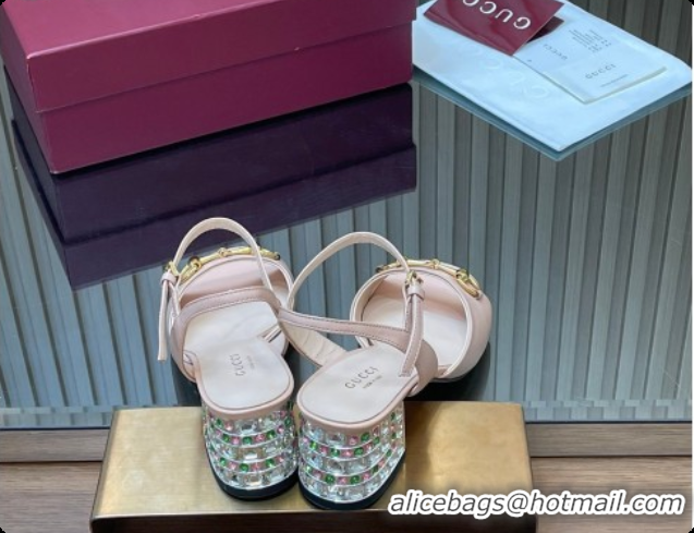 Trendy Design Gucci Lambskin Leather Heel Sandals 5.5cm with Horsebit and Strass Pink 2026 812292
