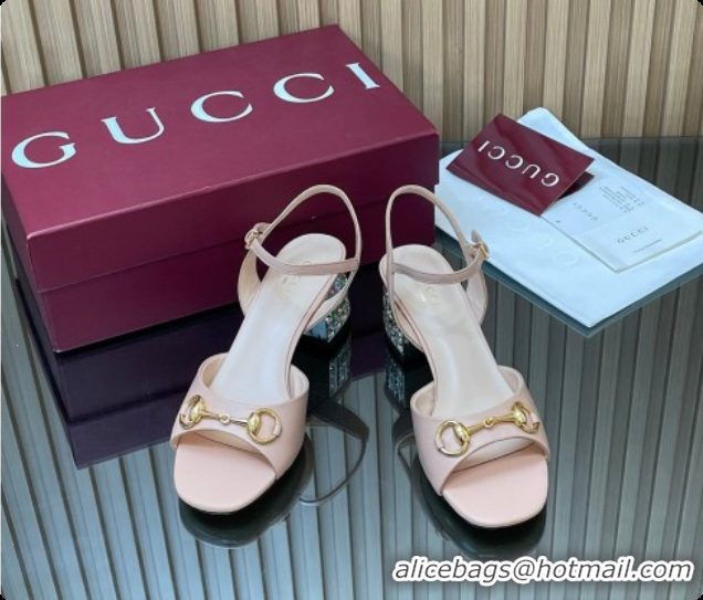 Trendy Design Gucci Lambskin Leather Heel Sandals 5.5cm with Horsebit and Strass Pink 2026 812292
