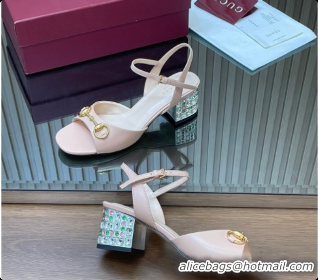 Trendy Design Gucci Lambskin Leather Heel Sandals 5.5cm with Horsebit and Strass Pink 2026 812292