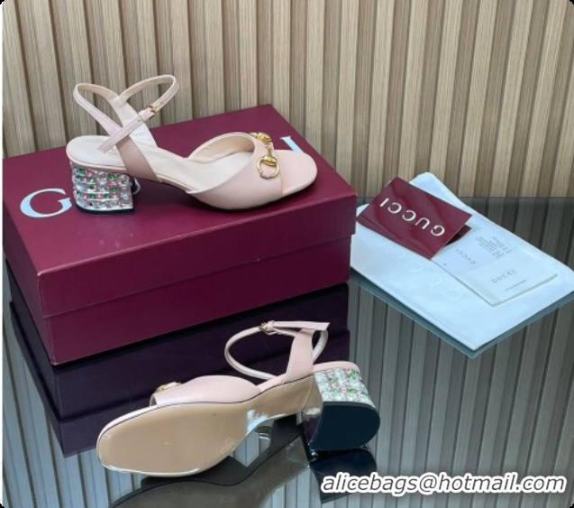 Trendy Design Gucci Lambskin Leather Heel Sandals 5.5cm with Horsebit and Strass Pink 2026 812292