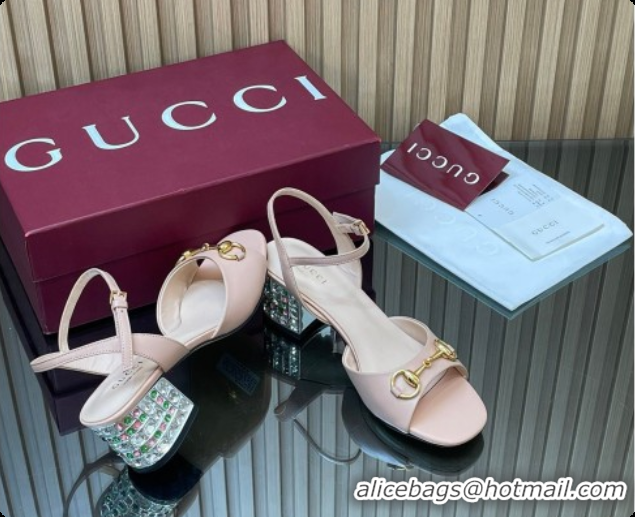 Trendy Design Gucci Lambskin Leather Heel Sandals 5.5cm with Horsebit and Strass Pink 2026 812292