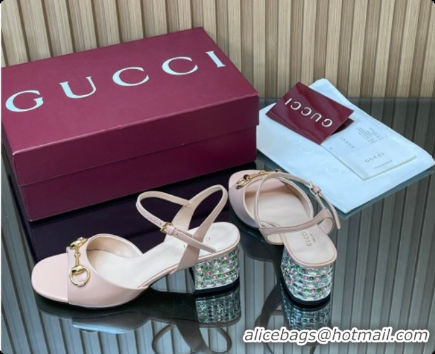 Trendy Design Gucci Lambskin Leather Heel Sandals 5.5cm with Horsebit and Strass Pink 2026 812292